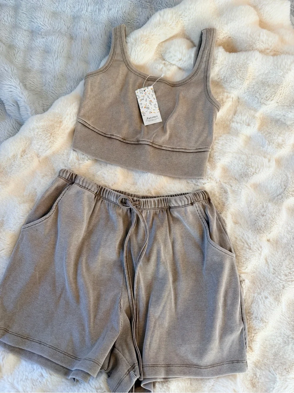 NWT Ribbed Tank & Drawstring Shorts Set - tan - Picture 1 of 5